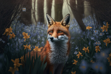 Close wild Red fox in nature habitat. Generative AI