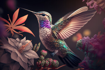 Obraz premium Hummingbird in flight in close-up, against a background of a tropical colorful forest and plants drinking flower nectar. Generative AI