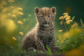 Baby leopard in spring green grass with flowers. Generative AI