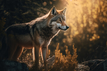 Close wild Wolf in nature habitat. Generative AI