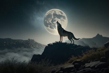 Wolf standing on hill and howling at the full moon, Generative AI