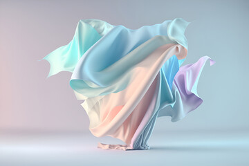 Beautiful pastel blue pink ivory gradient silk cloth floating flying in the air. With copy text space. Mock up template for product presentation. 	