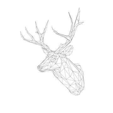 Head Deer with Horn. Low poly model design. Vector illustration. Low poly art of a deer in black color wireframe. Vector animal triangle geometric illustration. Abstract polygonal art. With white colo