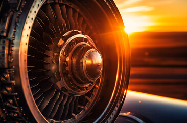 a private jet engine has a view of the sunset