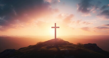 Easter concept: The cross on mountain sunset background, Generative AI