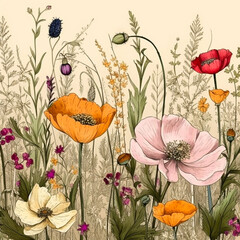 Bloomy flowering meadow field. Multicolor wild flowers. Watercolor summer floral green field. Floral background. Herbs and wild flowers