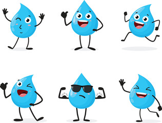 Happy aqua water drop cartoon character set isolated on white background