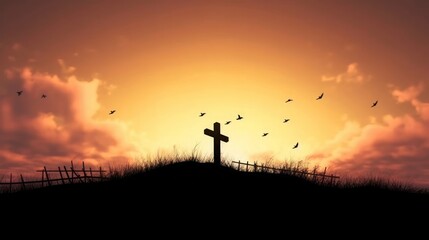 Obraz na płótnie Canvas Religious concept: Silhouette cross and birds flying on sunrise background, Generative AI