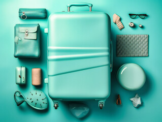 blue travel suitcase and other items on a blue background