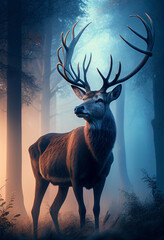 A majestic deer in a misty forest at dawn. AI Generated