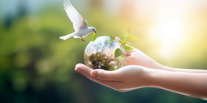 world environment and earth day, hands holding earth globe and Peace dove over blurred nature background. Elements of this image furnished by NASA, Generative AI
