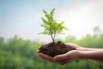 world environment and earth day, Tree planted in human hands with natural green and blue sky background, Generative AI