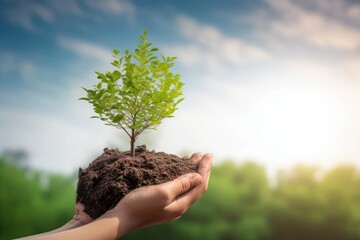 world environment and earth day, Tree planted in human hands with natural green and blue sky background, Generative AI