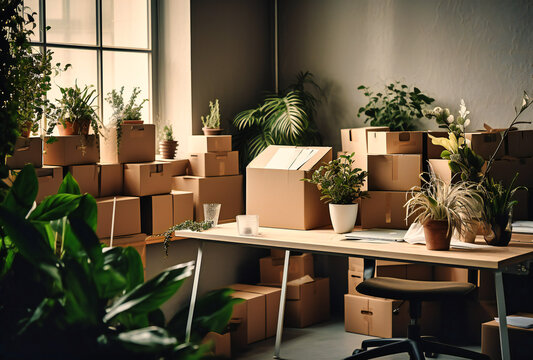 desk in the office full with boxes and plants