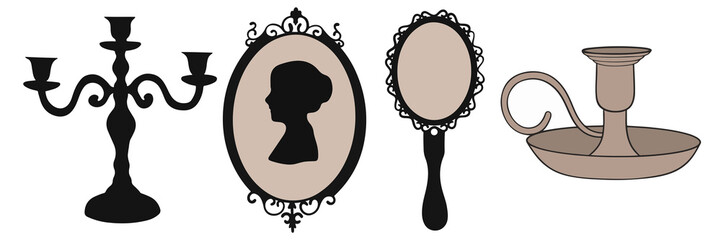 Set of graphic vintage accessories illustrations. Mirror in a frame, a frame with a black silhouette of a girl, a candlestick. Vintage items.