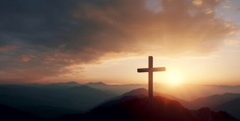 Fototapeta na wymiar The crucifix symbol of Jesus on the mountain sunset sky background, Generative AI