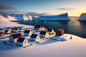 Houses on the Lofoten islands in winter, Norway. Generative AI