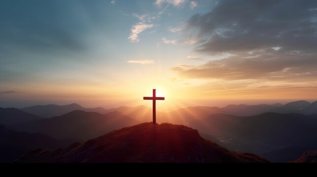 The crucifix symbol of Jesus on the mountain sunset sky background, Generative AI