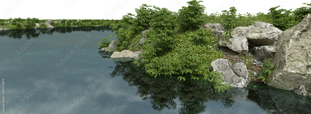 Poster realistic riverbank with vegetation. 3d rendering of isolated objects.