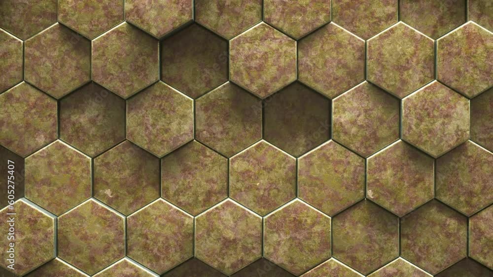 Poster 3d animation loop rust metal hexagon tiled wall as geometric background