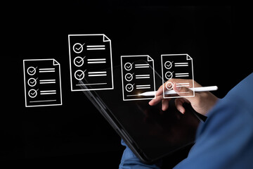 Online business contract Electronic signature, e-signing, digital document management, paperless office , working touch screen tablet.