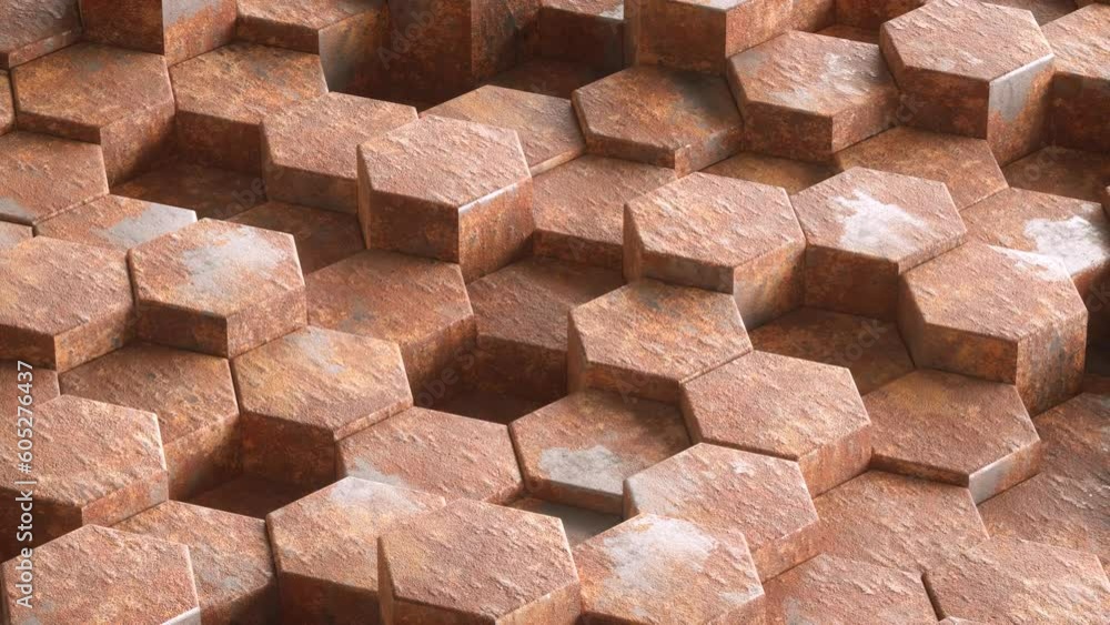 Poster 3d animation loop rust metal hexagon tiled wall as geometric background