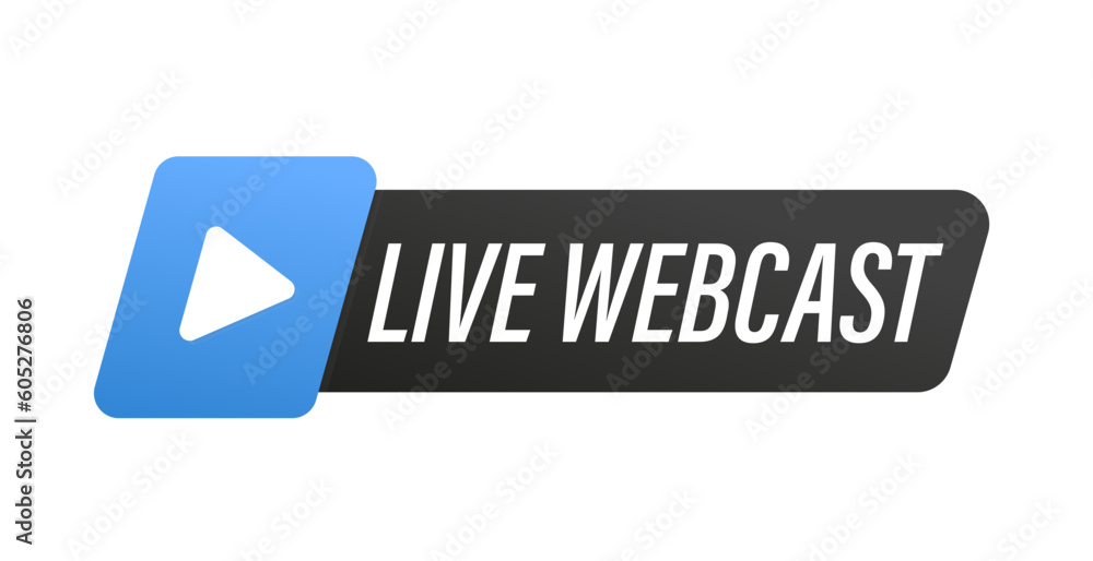 Poster live webcast button, icon, emblem, label. vector design element with play button. internet video con