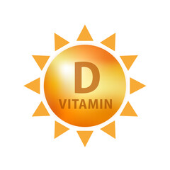 Vitamin D Icon with Sun. Vitamin D3 yellow shining capsule. Beauty, nutrition skin care, pharmacy, diet. Realistic sun. Vector illustration