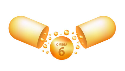 Golden drops of Omega six. Polyunsaturated fatty acids Omega-6. Natural fish oil, organic vitamin, nutrients. Omega fatty acids. Vector realistic capsules. Vector illustration