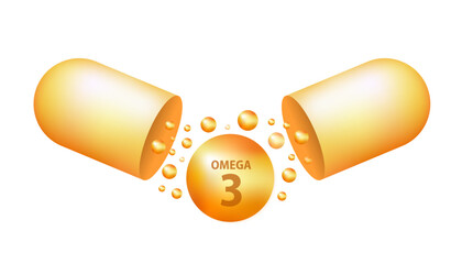 Golden drops of Omega three. Polyunsaturated fatty acids Omega-3. Natural fish oil, organic vitamin, nutrients. Omega fatty acids. Vector realistic capsules. Vector illustration