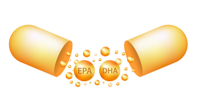 Fish oil vitamin and omega 3 DHA EPA golden capsule supplemental, benefits of pills improving mental, heart, eyes, bones health, lower cholesterol. Medicine Concepts. 3D Realistic. Vector illustration