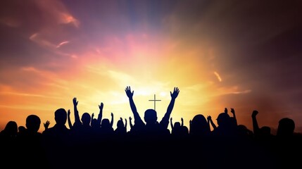 Fototapeta na wymiar Worship and praise concept: Silhouette many people raised hands over sunset background, Generative AI