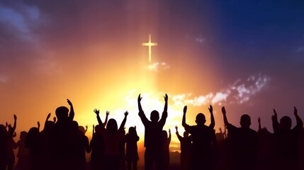 Worship and praise concept: Silhouette many people raised hands over sunset background, Generative AI - obrazy, fototapety, plakaty