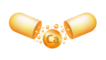 Calcium icon. Ca vitamin yellow. Helps maintain brain, strong bone. Medical and dietary supplement health care concept. Realistic 3d bubble. Design capsule. Deficiency vitamins. Vector illustration