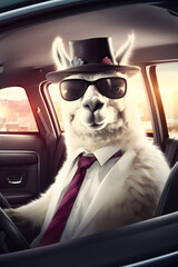 Abstract Art. Elegant Llama with Hat, Sunglasses and a Suit in a Limousine. Mafia Concept. AI Generative 