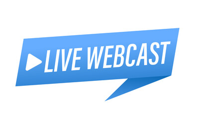 Live Webcast Button, icon, emblem, label. Vector design element with play button. Internet video conference icon. Live broadcast, online education. Internet broadcast. Vector illustration