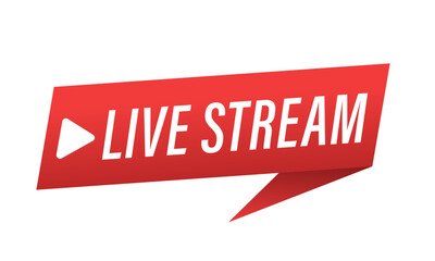 Live stream button. Live streaming flat logo - red vector design element with play button. Internet video conference icon. Live broadcast, online education. Internet broadcast. Vector illustration