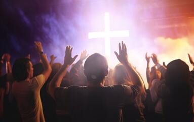 Obraz premium Church worship concept: Christians raising their hands in praise and worship at a night music concert, Generative AI