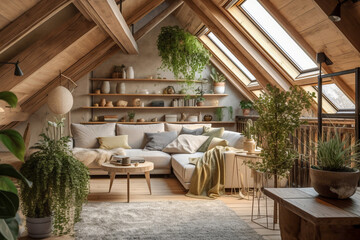 Fototapeta premium Modern cozy living room, eco interior design with beige colors and plants. Super photo realistic background, generative ai illustration
