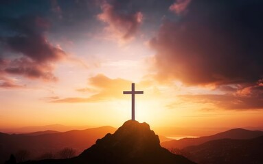 Good Friday concept: Silhouette cross on  mountain sunset background, Generative AI
