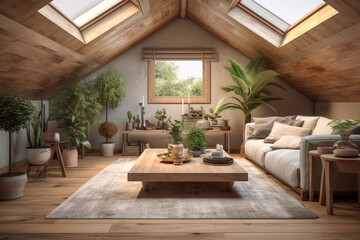Modern cozy living room, eco interior design with beige colors and plants. Super photo realistic background, generative ai illustration