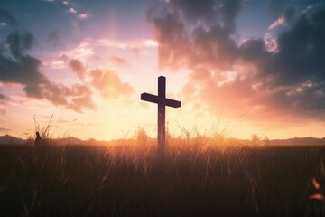 black cross religion symbol silhouette in grass over sunset sky background, Generative AI