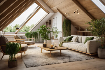 Modern cozy living room, eco interior design with beige colors and plants. Super photo realistic background, generative ai illustration