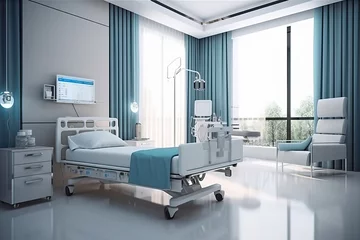 Fotobehang A hospital room with a bed and a monitor created with Generative AI technology © Nedrofly