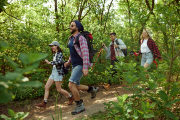 Naklejka na ściany i meble Active, happy, sportive young people, friends going hiking in forest on warm spring day, walking on path, enjoying landscapes. Concept of active lifestyle, nature, sport and hobby, friendship