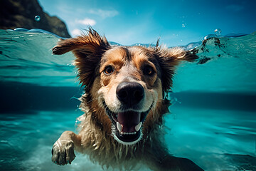 Smiling dog in clear water. Happy dog swimming, Generative AI