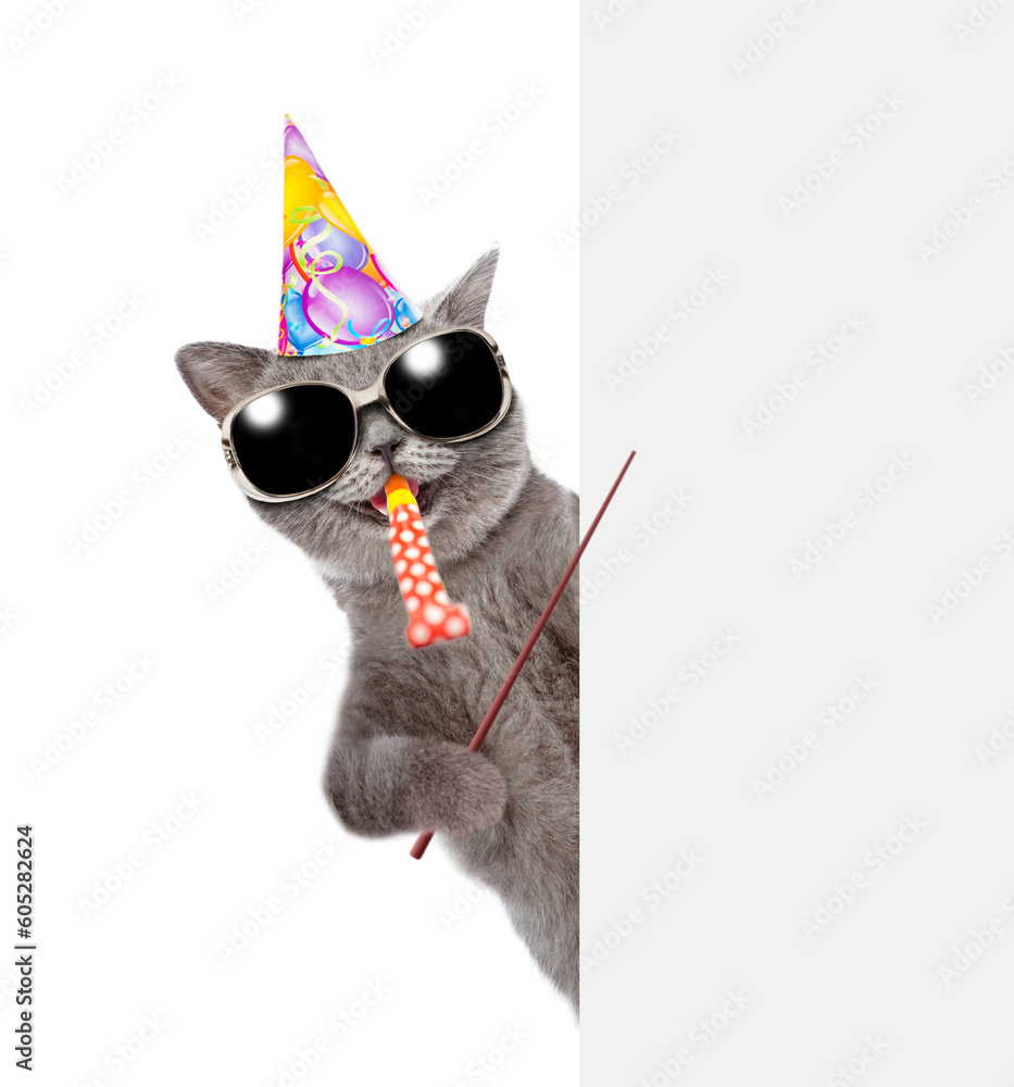 Poster happy cat wearing party cap blows in party horn and points on empty white banner. isolated on white 