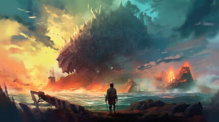 Game art piece that depicts a pivotal moment in the middle of an epic journey