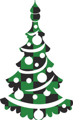 Christmas tree with Buffalo plaid ornament in red, green, blue and black. Tartan plaid for festive background. Design for greeting card, pattern, banner. Vector flat illustration