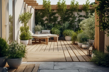 Modern cozy wooden terrace, eco interior design with beige colors and plants. Super photo realistic background, generative ai illustration